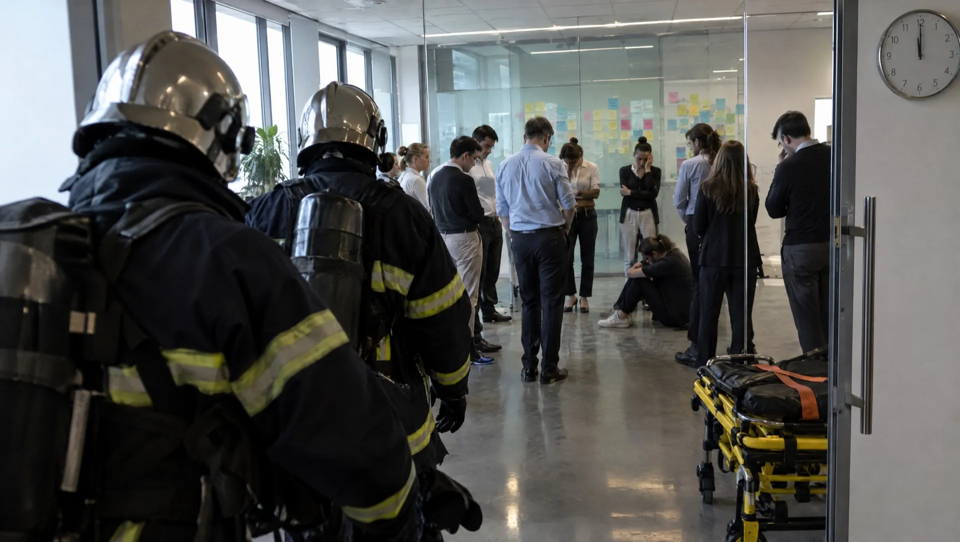 Des sapeurs-pompiers entrent dans un open space où une équipe se tient debout devant un mur de post-it, un brancard près de la porte