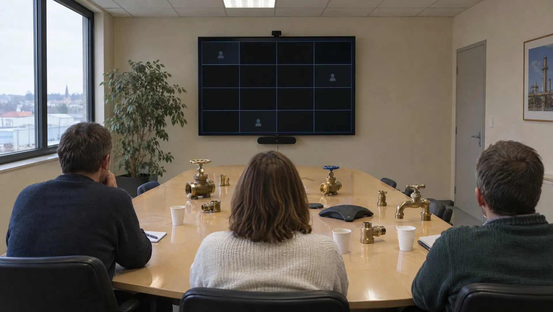 Une salle de réunion d'entreprise industrielle, des vannes en laiton sur la table et un écran d'appel vidéo aux vignettes presque toutes noires