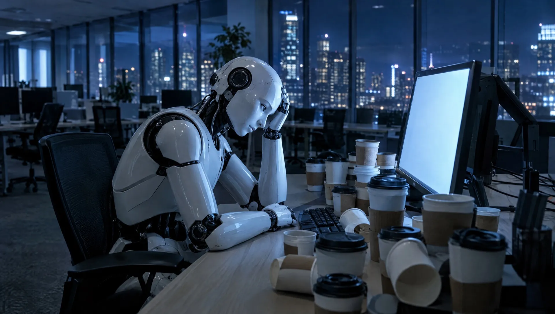 Un robot humanoïde accoudé à un bureau, l'air épuisé, entouré de gobelets de café vides dans un open space de nuit