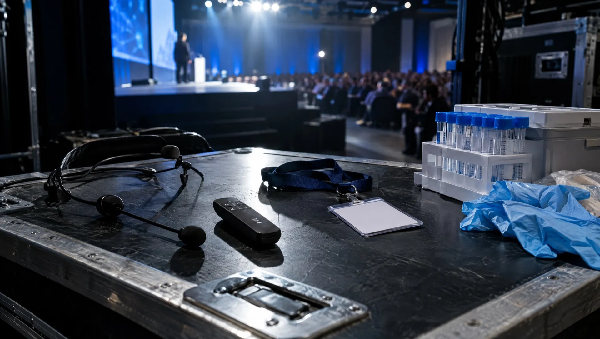 En coulisses d'une conférence, un micro-casque posé à côté d'un kit de prélèvement et d'un portoir de tubes à essai
