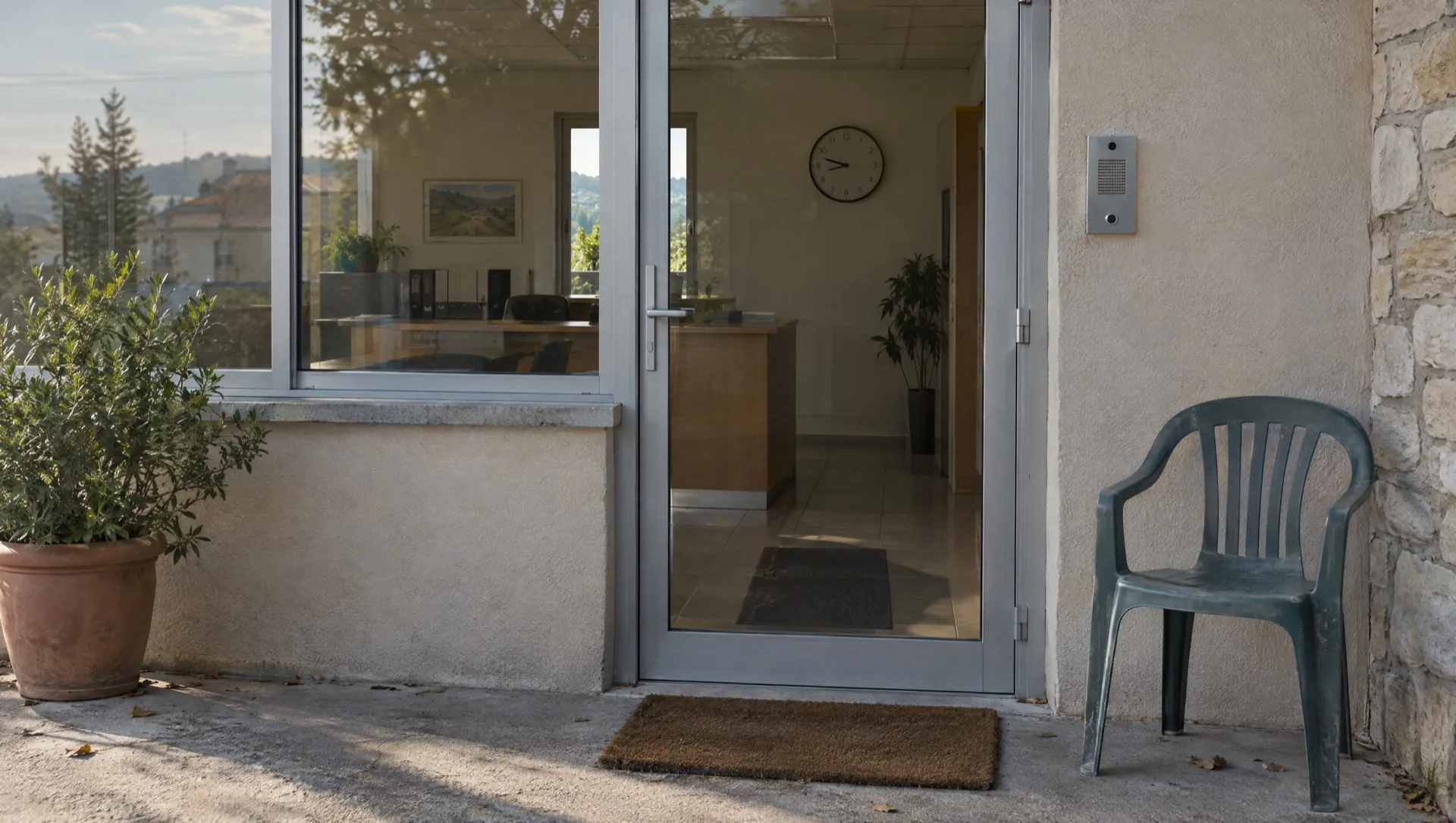 La porte vitrée d'une petite entreprise, avec un interphone et une chaise vide installée à côté, comme pour une longue attente