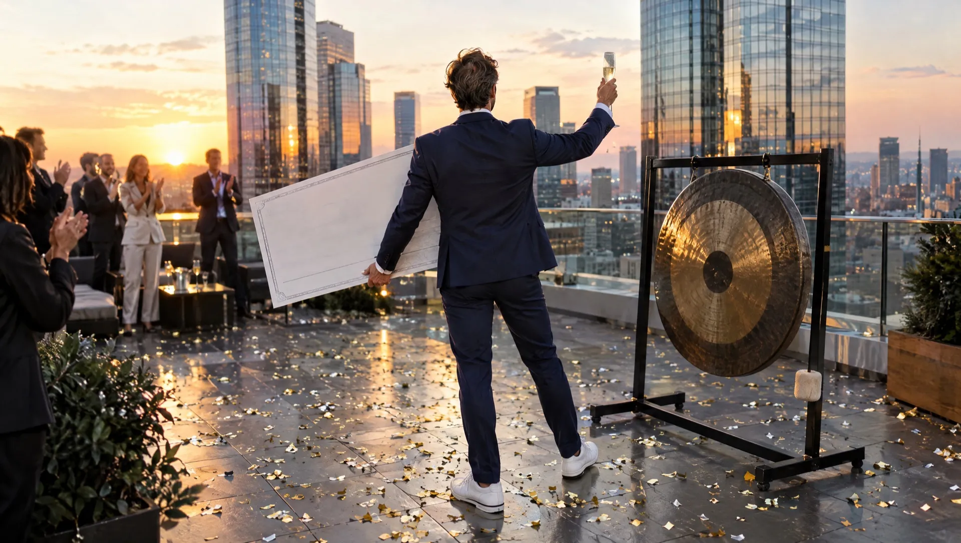 Un commercial en costume, de dos, tient un chèque géant et une coupe de champagne sur une terrasse de bureaux, à côté d'un gong