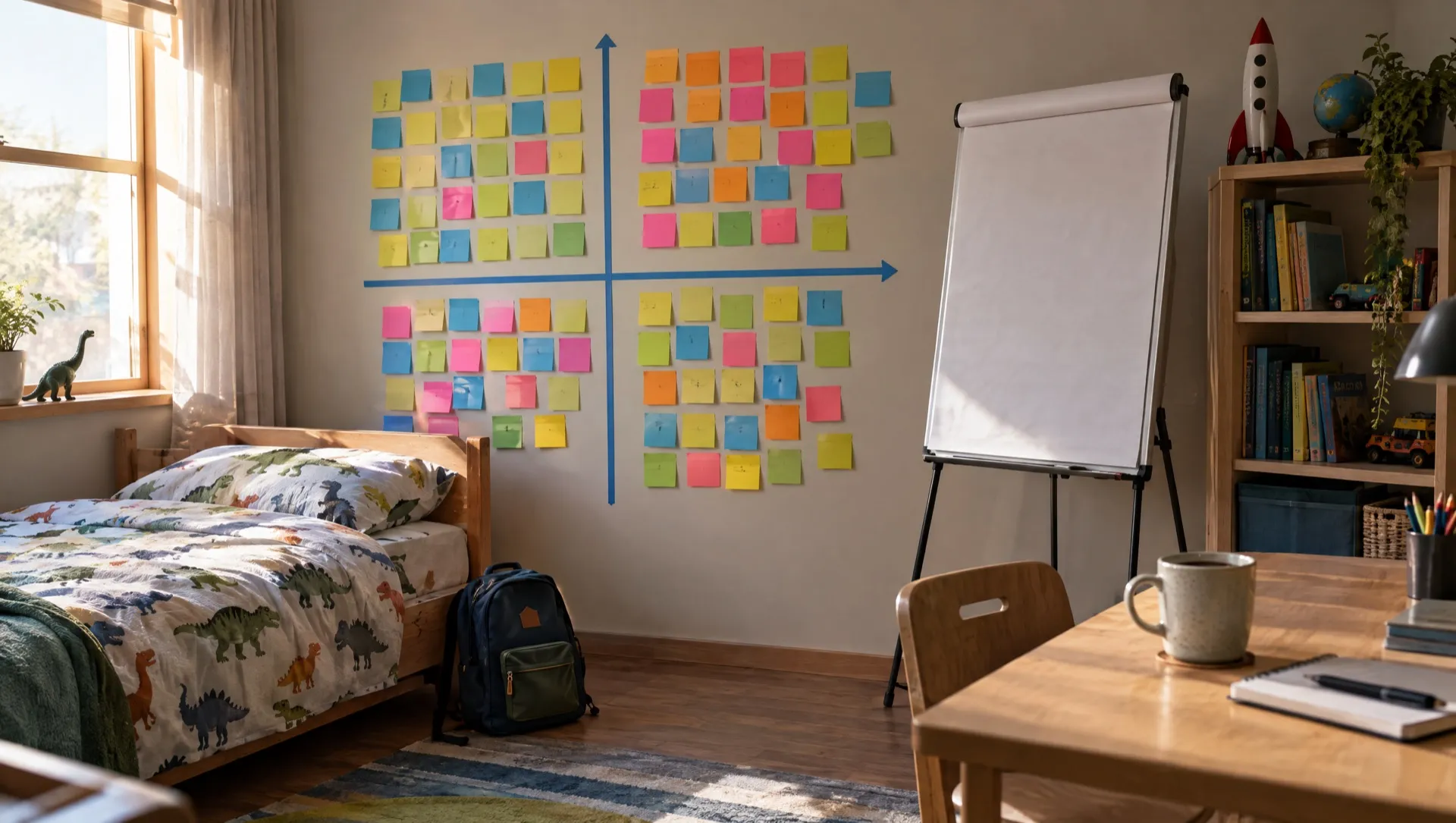 Une chambre d'enfant dont le mur est couvert de post-it organisés en matrice, à côté d'un paperboard et d'un petit lit
