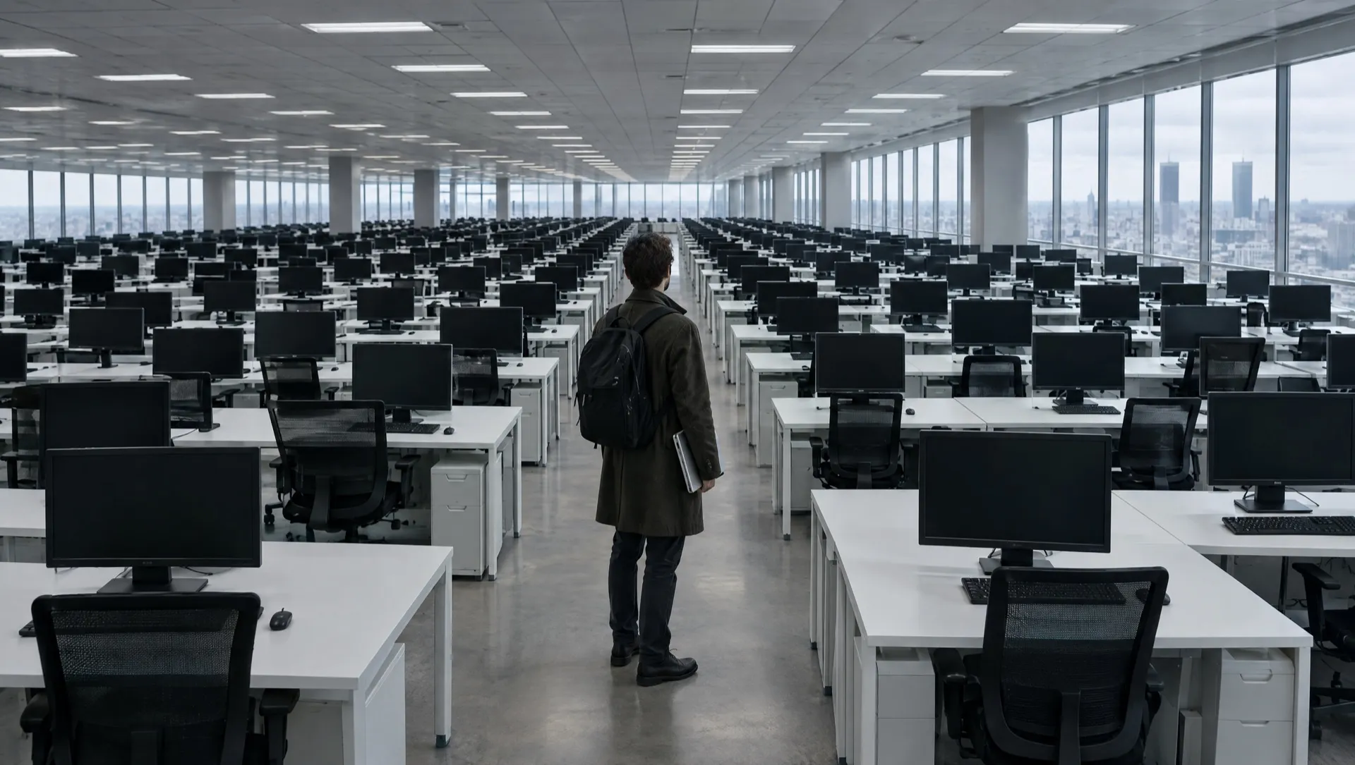 Un immense plateau de bureaux en flex office aux postes vides et identiques, un salarié seul au milieu, ordinateur sous le bras
