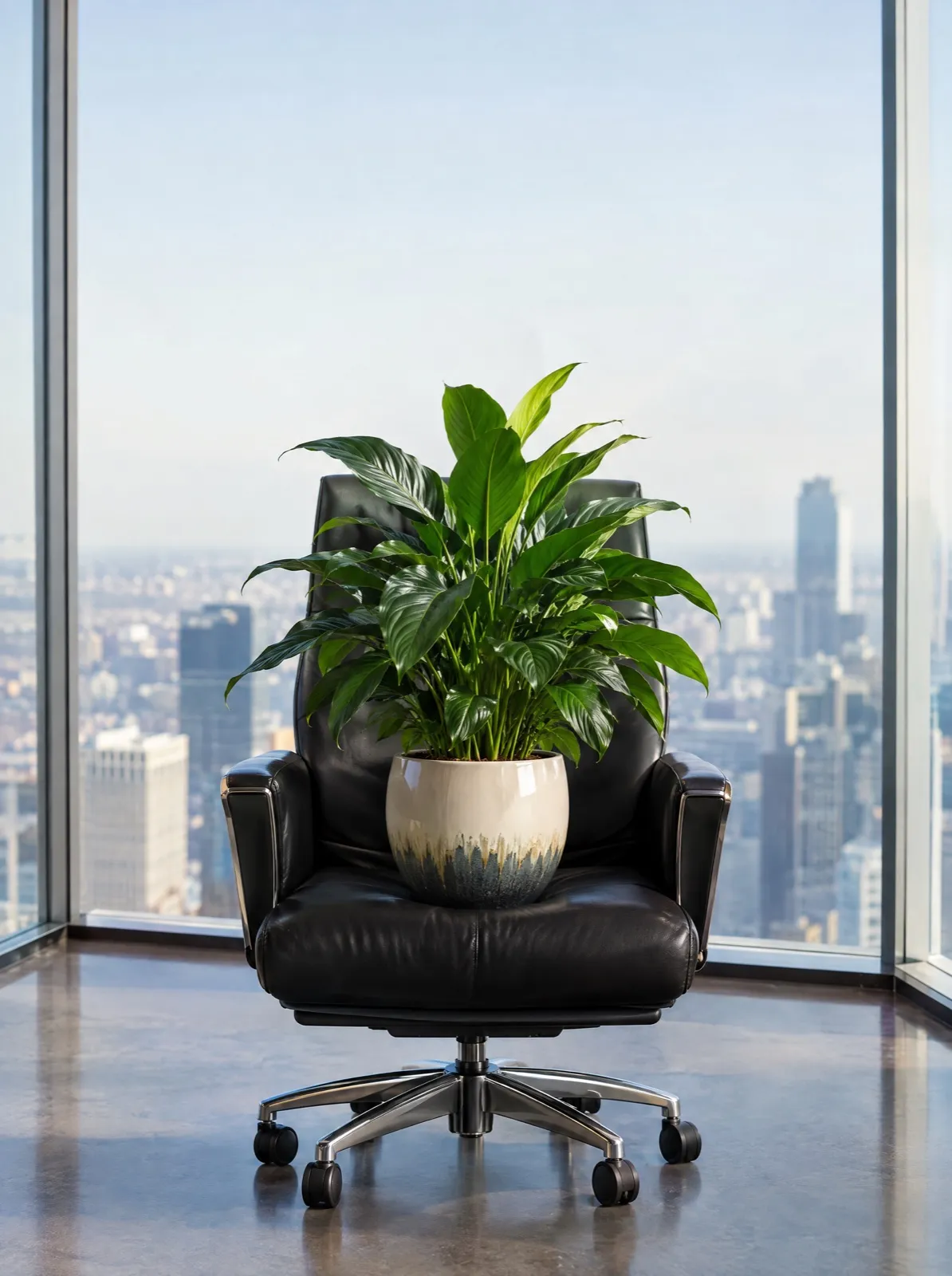 Une plante verte en pot trône dans un fauteuil de direction en cuir, face aux baies vitrées d'un bureau d'angle
